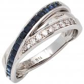 Damenring 14 K (585) Weißgold mit Blue Saphiren und Brillanten 0,14ct.