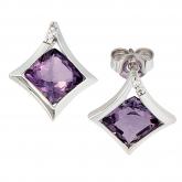 Ohrstecker 14 K (585) Weißgold, 2 Amethyste und Brillanten 0,02ct.