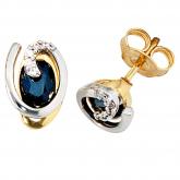 Ohrstecker 585 Gelb- und Weißgold mit 10 Diamant-Brillanten und 2 Blue Saphiren | Bicolor Schmuck