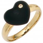 Damen-Ring "Lovely Heart" 585 Gelbgold mit Onyx schwarz und Diamant-Brillant 0,01 | Edelsteine
