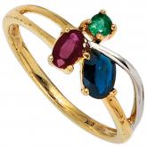 Damen-Ring 585 Gelbgold mit Rubin, Blue Saphir und Smaragd | Edelsteine