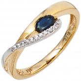 Damen-Ring 333 Gold Gelb- und Weißgold mit Blue Saphir und Zirkonia | Bicolor Schmuck