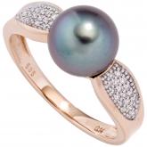 Damen Ring 585 Rotgold mit Tahiti-Zuchtperle dunkel und Brillanten 0,14 ct.