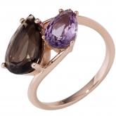 Damen Ring 14k (585) Rotgold mit Rauchquarz braun und Amethyst violett Tropfenfor | Edelsteine