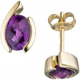 Ohrstecker oval 333 Gelbgold mit 2 Amethysten violett