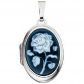 Medaillon \"Rose\" oval 925 Sterling Silber mit blauer Achatgemme