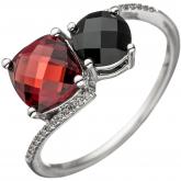 Damen Ring 585 Weißgold mit Onyx schwarz, Granat rot und 24 Brillanten | Edelsteine