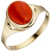 Damen Ring 333 Gelbgold mit Koralle rot oval | Edelsteine