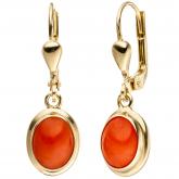 Boutons oval 333 Gelbgold mit 2 Korallen orange | Edelsteine