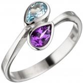 Damen Ring 925 Sterling Silber mit Amethyst violett und Blautopas Marquise | Edelsteine