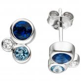 Ohrstecker 925 Sterling Silber 6 Zirkonia dunkelblau, hellblau und weiß | Silberschmuck