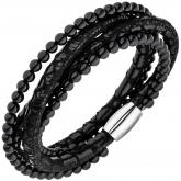 Armband Leder schwarz mit Onyx Kugeln und Edelstahl 19 cm | Edelsteine