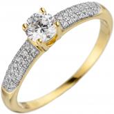 Damen Ring 925 Sterling Silber/vergoldet mit Zirkonia weiß Solitär-Stil | Vergoldet