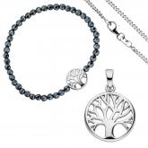 Schmuck-Set mit Anhänger "Lebensbaum" 925 Silber Armband Hämatit und Kette 38 cm | Edelsteine