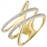 Damen Ring mehrreihig 375 Gelbgold mit 52 Zirkonia weiß X-Form abstrakt | Gelbgoldschmuck