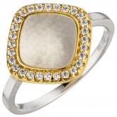 Damen Ring 925 Sterling Silber /teilvergoldet mit Perlmutt und 28 Zirkonia weiß