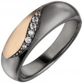 Damen Ring 925 Sterling Silber/schwarz und rotvergoldet mit 6 Zirkonia weiß