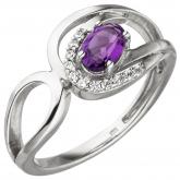 Damen Ring 333 Weißgold mit Amethyst violett und 11 Zirkonia weiß | Edelsteine